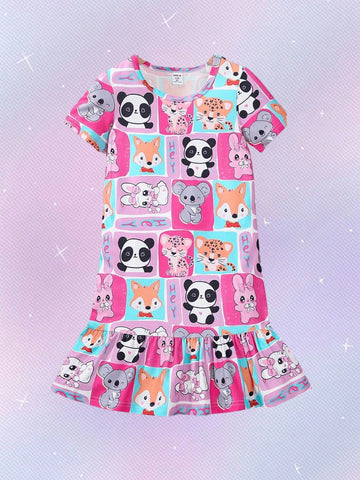 Young Girl's New Cute Animal Patterned Full-Length Sleep Dress For Home