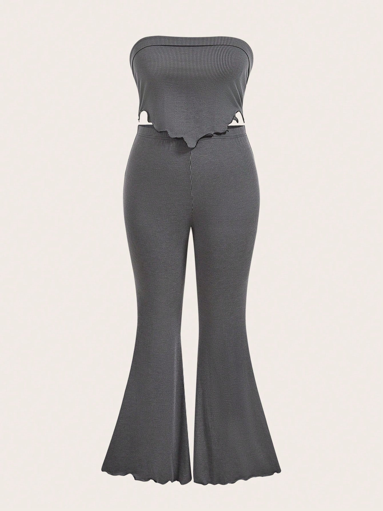 Women Plus Size Casual Strapless Jumpsuit With Flounce Hem And Pure Color Long Pants Two-Piece Set