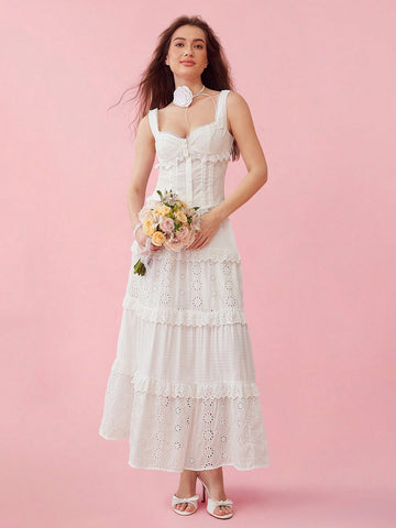 Summer Romantic Holiday Hollow Out & Embroidered & Ruffled Hem Decor Elastic Waist White Skirt