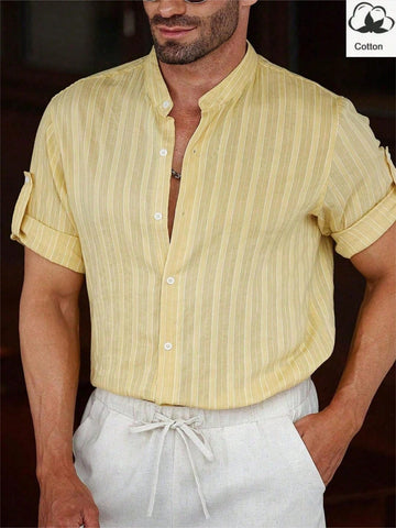 Men Summer Striped Short Sleeve Stand Collar Sleeveless Folded Shirt