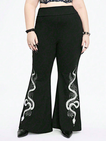 Gothic Casual Slim Fit Flare Pants With Snake & Vine Print For Plus Size Women