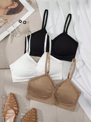 3pcs/Set Women's Slim Fit Camisole With Built-In Bra And Detachable Straps, Spring & Summer