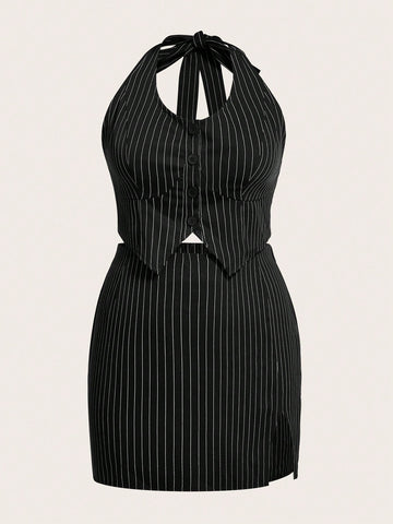 Plus Size Striped Print Halter Neck Spring/Summer Top And Slit Short Skirt Suit