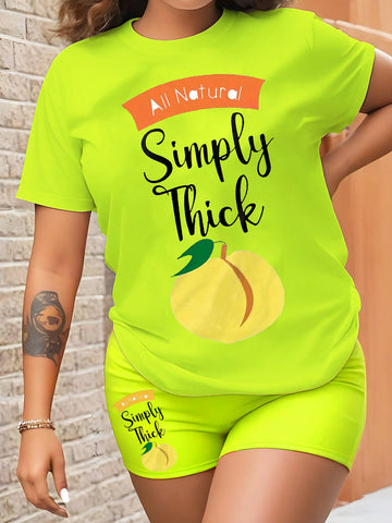 Plus Size Women Fashionable Lemon Print Short Sleeve T-Shirt And Shorts Set