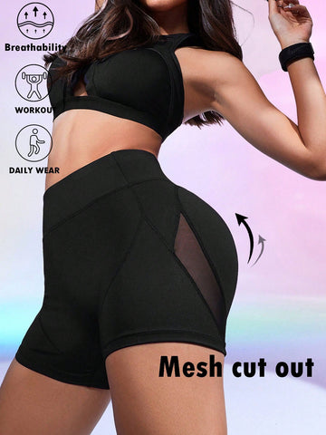 Summer Solid Color Breathable 
Mesh Cut Out Athletic Shorts Leggings,Spring Outfits Daily & Casual Workout,Biker Shorts,High Waisted Shorts