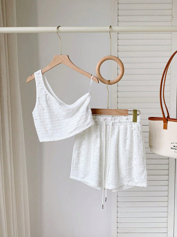 White Knitted Texture Material Shorts Set With Mushroom Hemline And Off-Shoulder Design Short Sets Summer