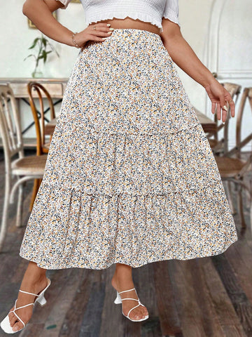 Plus Size Floral Printed Ruffle Hem Skirt Summer