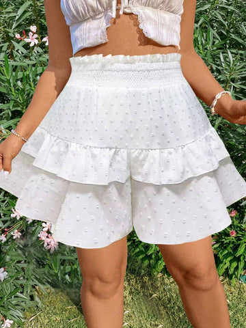 Plus Size White Swiss Dot Print Ruffle Hem Shorts For Casual Wear In Summer