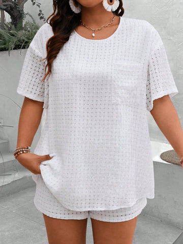Plus Size Women Summer Chiffon Weave Cutout Round Neck Short Sleeve Pocket Top And Shorts Simple Casual Two-Piece Set
