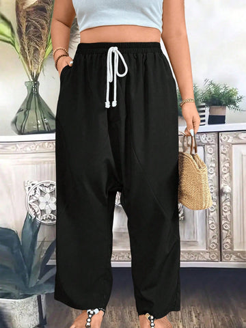 Plus Size Women Loose Fit Drop Crotch Casual Pants With Waist Tie And Pockets