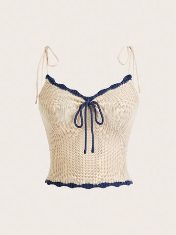 Summer Knitted Solid Color Ribbon Strap Camisole Top Linen Color Knitted Strap , Color Contrast Edge Knitted Short Tops, Skin Friendly Soft Fabric Suitable For Daily Holiday Home Wear