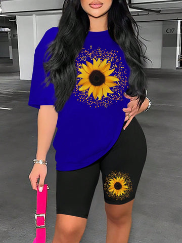 Women's Sunflower Printed Drop Shoulder T-Shirt And Cycling Shorts Set