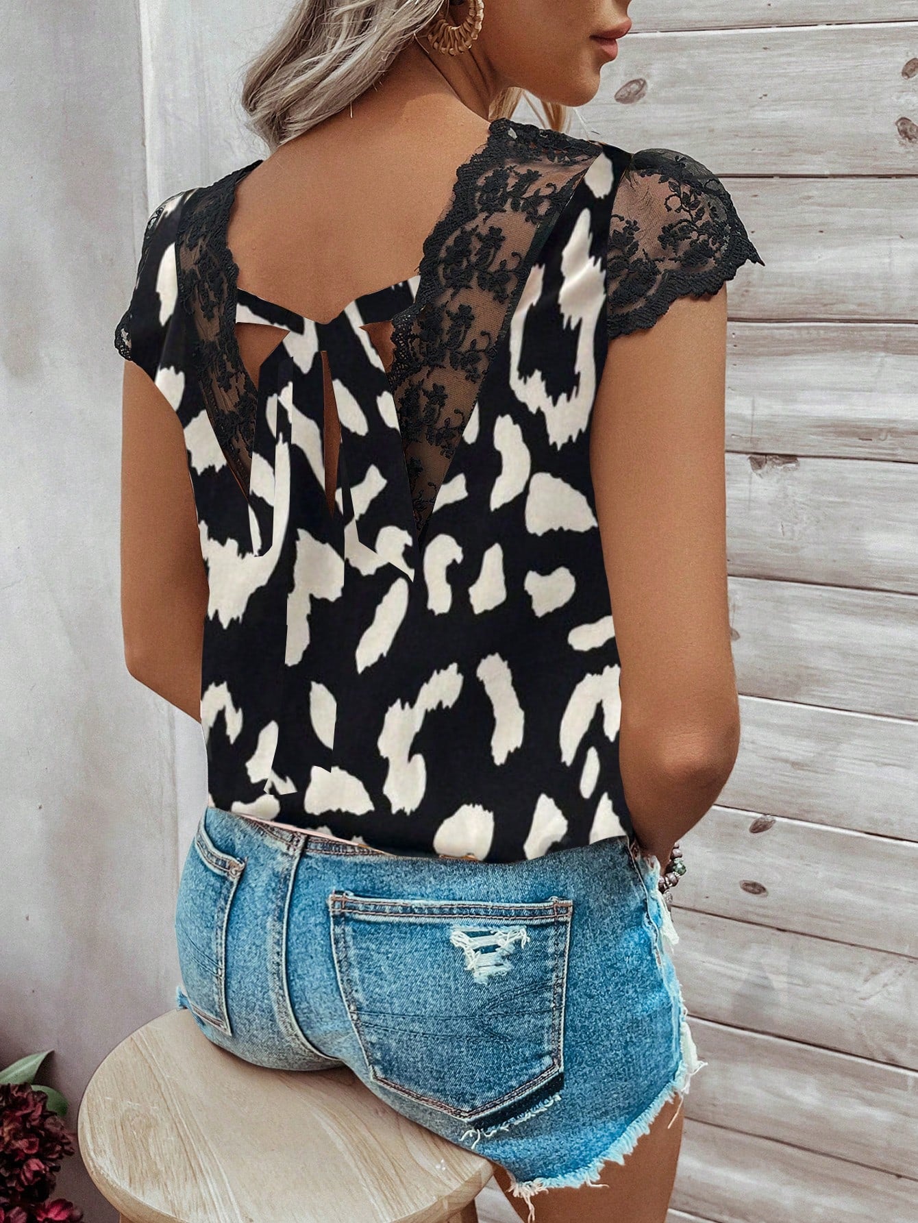 Women Fashion Leopard Print Lace Spliced Shirt