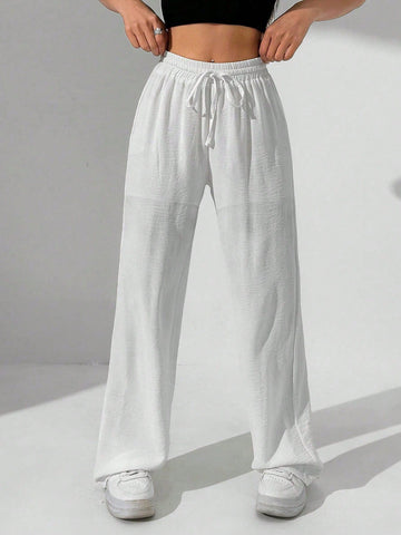 Women's High Waisted Tie Belt Straight Leg White Casual Pants