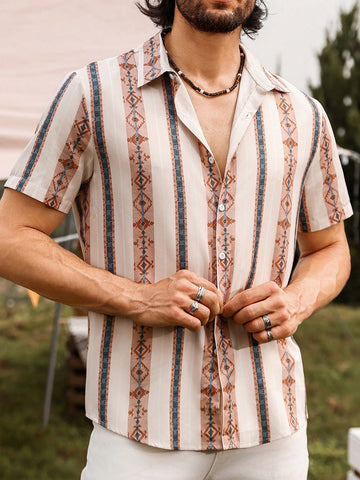 Men Geometric Pattern Short Sleeve Shirt Suitable For Summer Music Festival