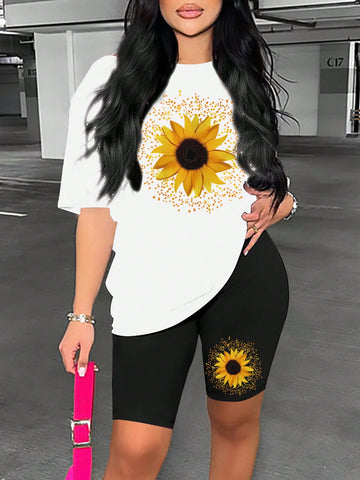 Women's Sunflower Print Round Neck Short Sleeve Casual T-Shirt And Shorts Set For Summer