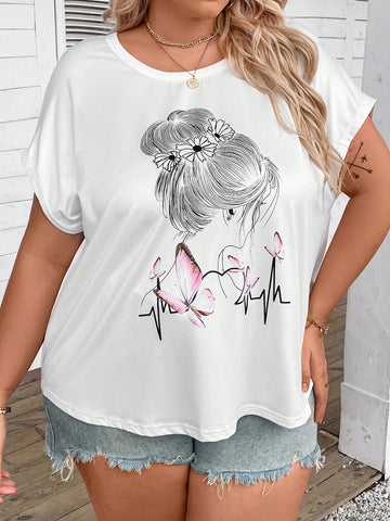 Plus Size Summer Casual Butterfly Print Batwing Sleeve T-Shirt
