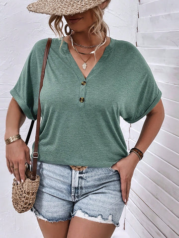 Plus Button Detail Batwing Sleeve Tee
