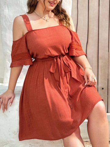 Plus-Size Women's Trumpet Sleeve Lace Patchwork Wide Halter Beach Vacation Loose Texture Lace-Up Dress