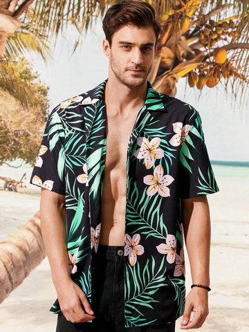 Men Lightweight Breathable Woven Casual Hawaiian Shirt With Floral Print For Beach Vacation And Surfing In Summer