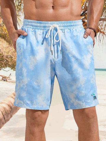 Men Light Breathable Woven Casual Beach Shorts With Tie-Dye Pattern For Summer Holiday And Surfing