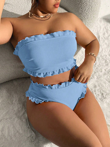 Plus Size Women's Summer Beach Vacation Solid Color Lace Swimsuit Set