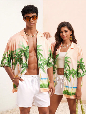 Men Lightweight Breathable Shuttle Weave Casual Coconut Tree Pattern Short Sleeve Hawaiian Shirt For Seaside Vacation And Beachwear In Summer