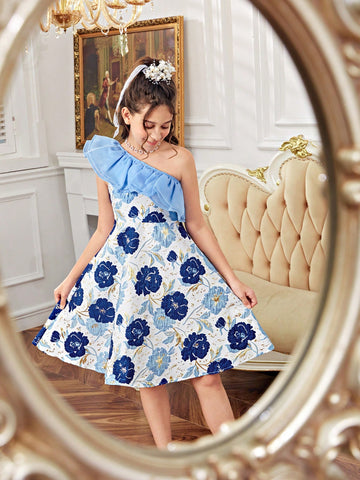 Tween Girls' Vacation Cute Oblique Shoulder Ruffle Hem Floral Print Midi Dress