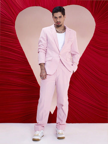 Men's Woven Casual Single-Breasted Pink Suit With Pants, Two Pieces Set, For Spring