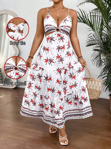 Plus Size Women Summer Vacation Style Palm Tree Printed Hollow Out Waist Strap Long Dress