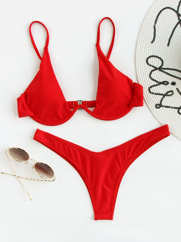 Summer Beach Mono Bikini Set Underwired Bra & High Cut Bottom 2 Piece Bathing Suit