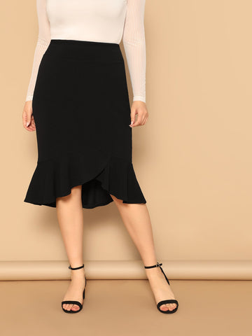 Plus Asymmetrical Ruffle Hem Solid Skirt