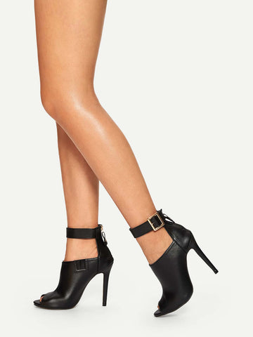 Black Elegant Solid Color American Style Ankle Boots With Thin High Heel And Ankle Strap