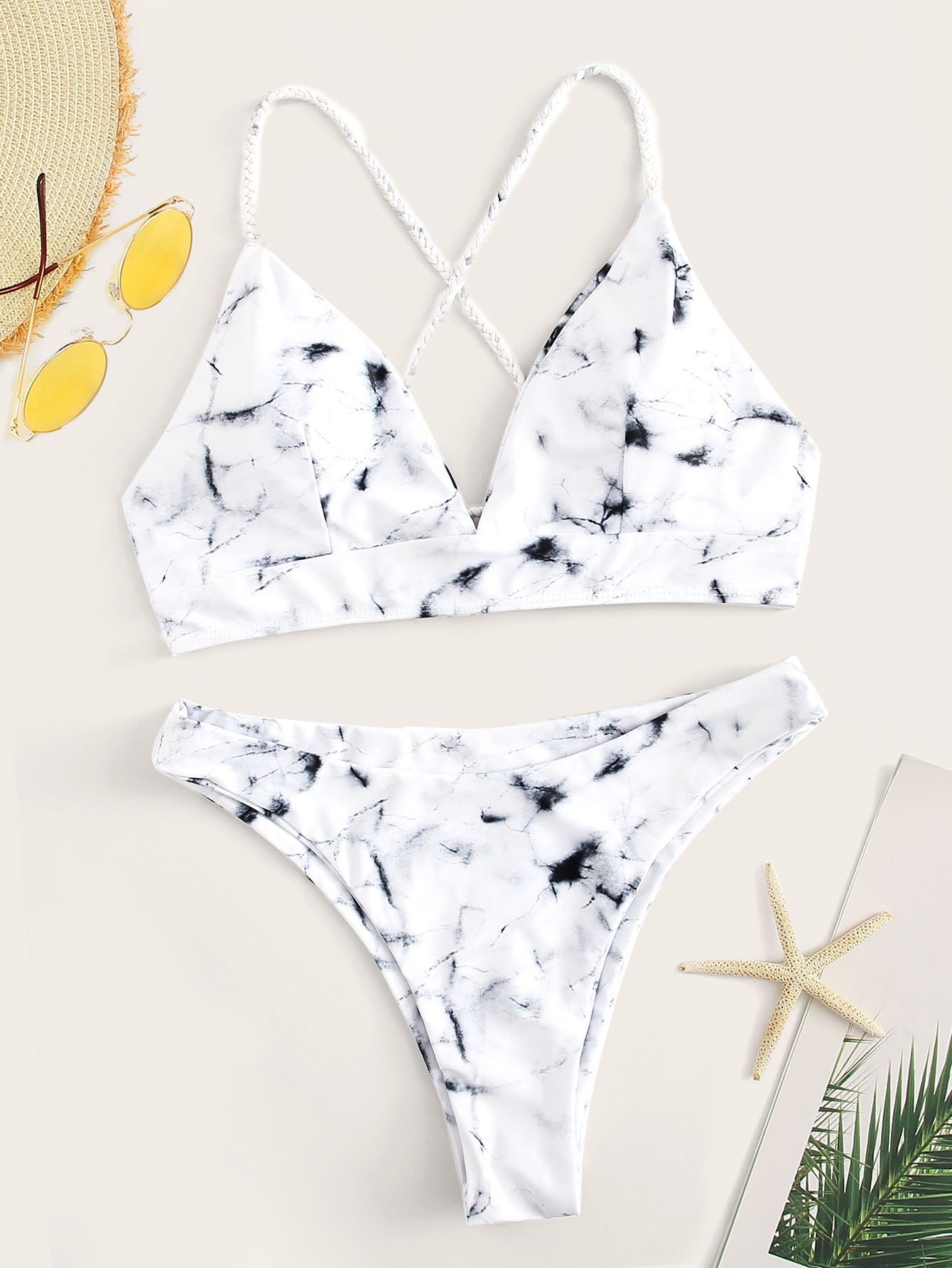 Marble Pattern Criss-cross High Cut Bikini Swimsuit