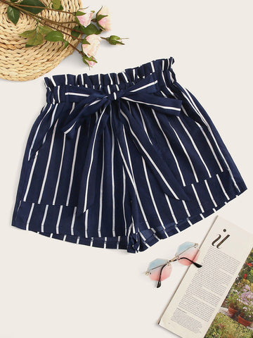Striped Self-Tie Paperbag Shorts