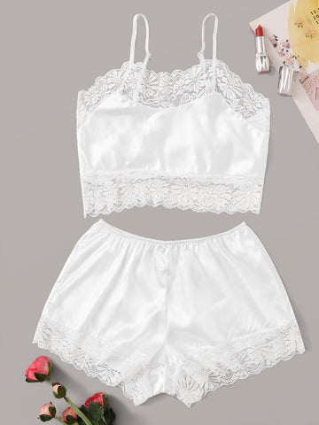 Floral Lace Satin Cami With Shorts