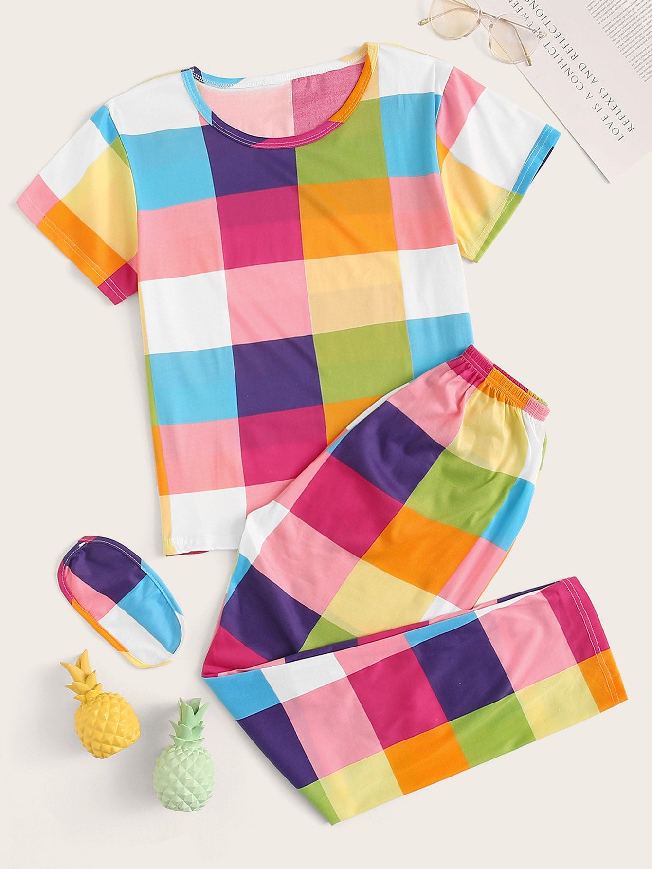 Multicolor Plaid Pajama Set With Eye Cover