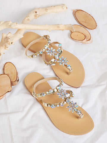 Women Jewelled Decor Toe Post Ankle Strap Sandals, Glamorous Outdoor Thong Sandals