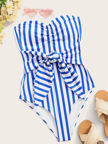 Summer Beach Striped Knot Front One Piece Swimsuit