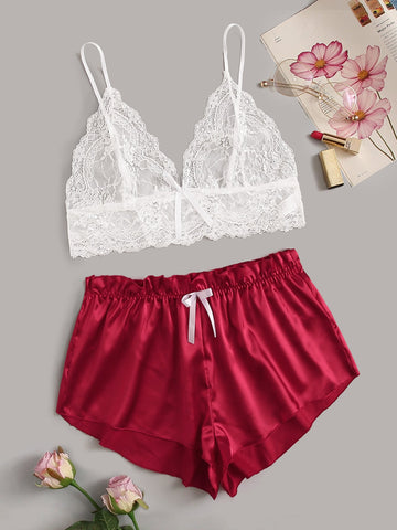 Plus Floral Lace Cami Top With Satin Shorts