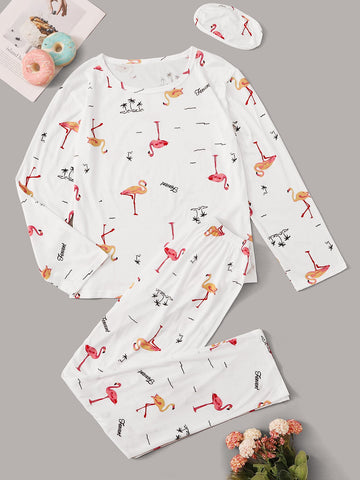 Flamingo Print Pajama Set With Eye Cover
