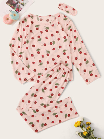 Cherry Print Pajama Set With Eye Cover