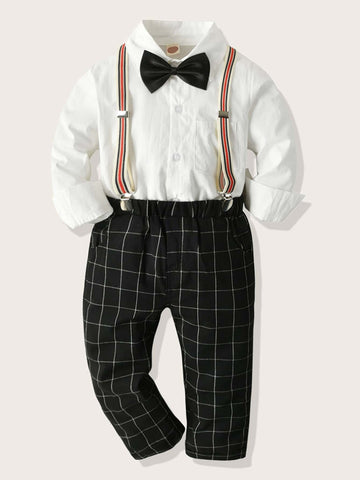 Young Boy Bow Tie Top With Plaid Pants Dress Suit