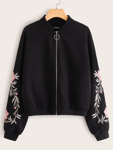 Embroidered Floral Detail O-ring Zip Up Bomber Jacket