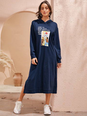 Figure and Slogan Graphic Split Side Hooded Dress