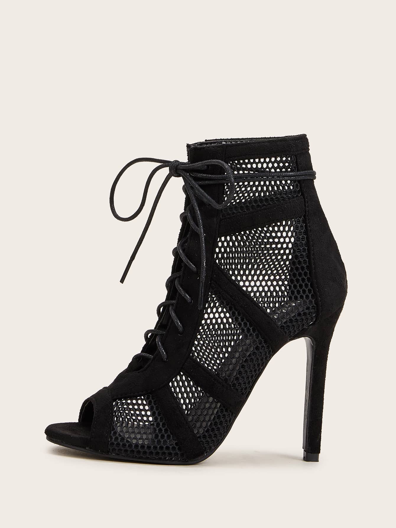 Peep Toe Lace-up Front Mesh Stiletto Heeled Boots