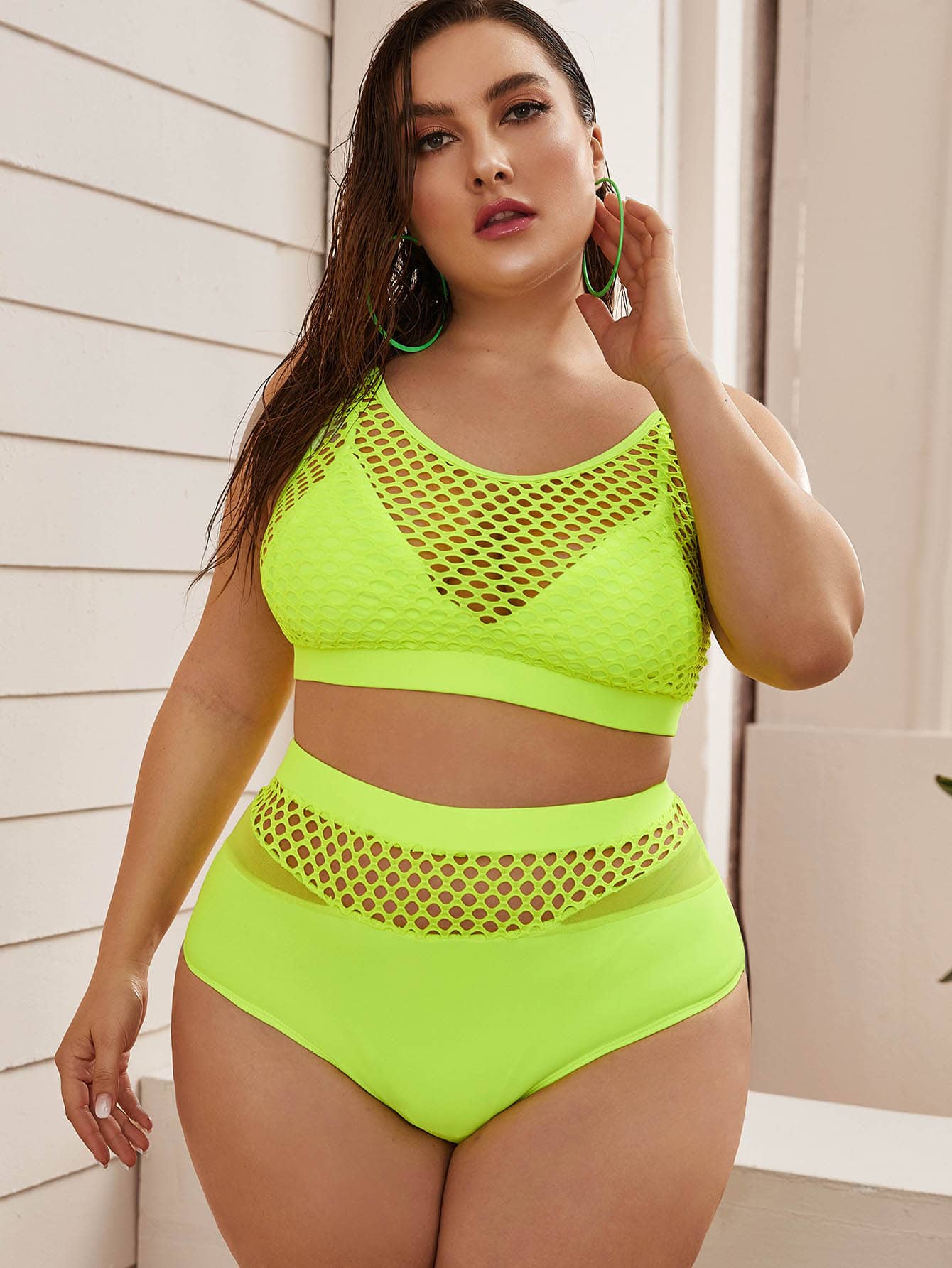 Summer Beach Plus Neon Green Fishnet Overlay Bikini Set Cami Top & High Waisted Bottom 2 Piece Bathing Suit
