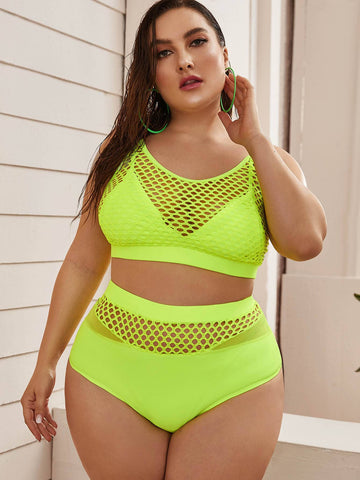 Plus Neon Green Fishnet Overlay Bikini Set Cami Top & High Waisted Bottom 2 Piece Bathing Suit