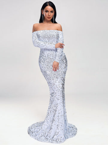 Off Shoulder Sequin Fishtail Prom Dress