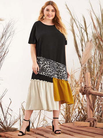 Plus Asymmetrical Ruffle Hem Color Block Leopard Dress